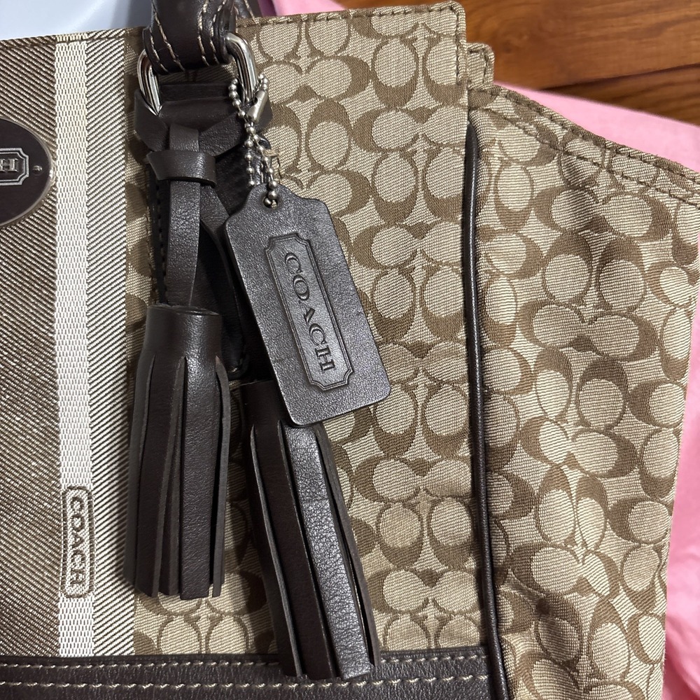 Coach Candace Carry 19915 Signature Stripe Khaki Brown Canvas Leather Bag - Picture 2 of 14